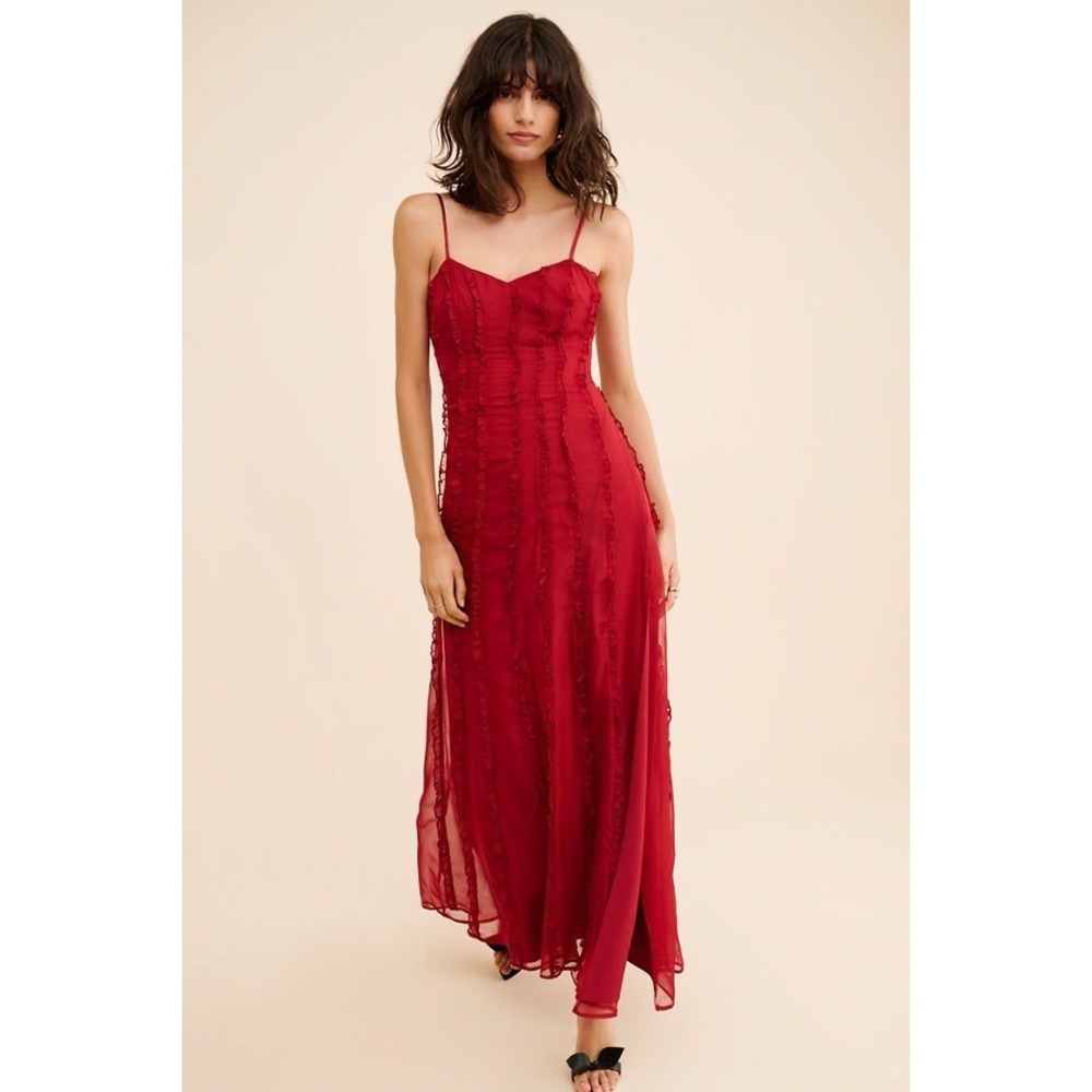 Red Maxi Slip Dress with Ruffle Texture - Picture 2 of 9